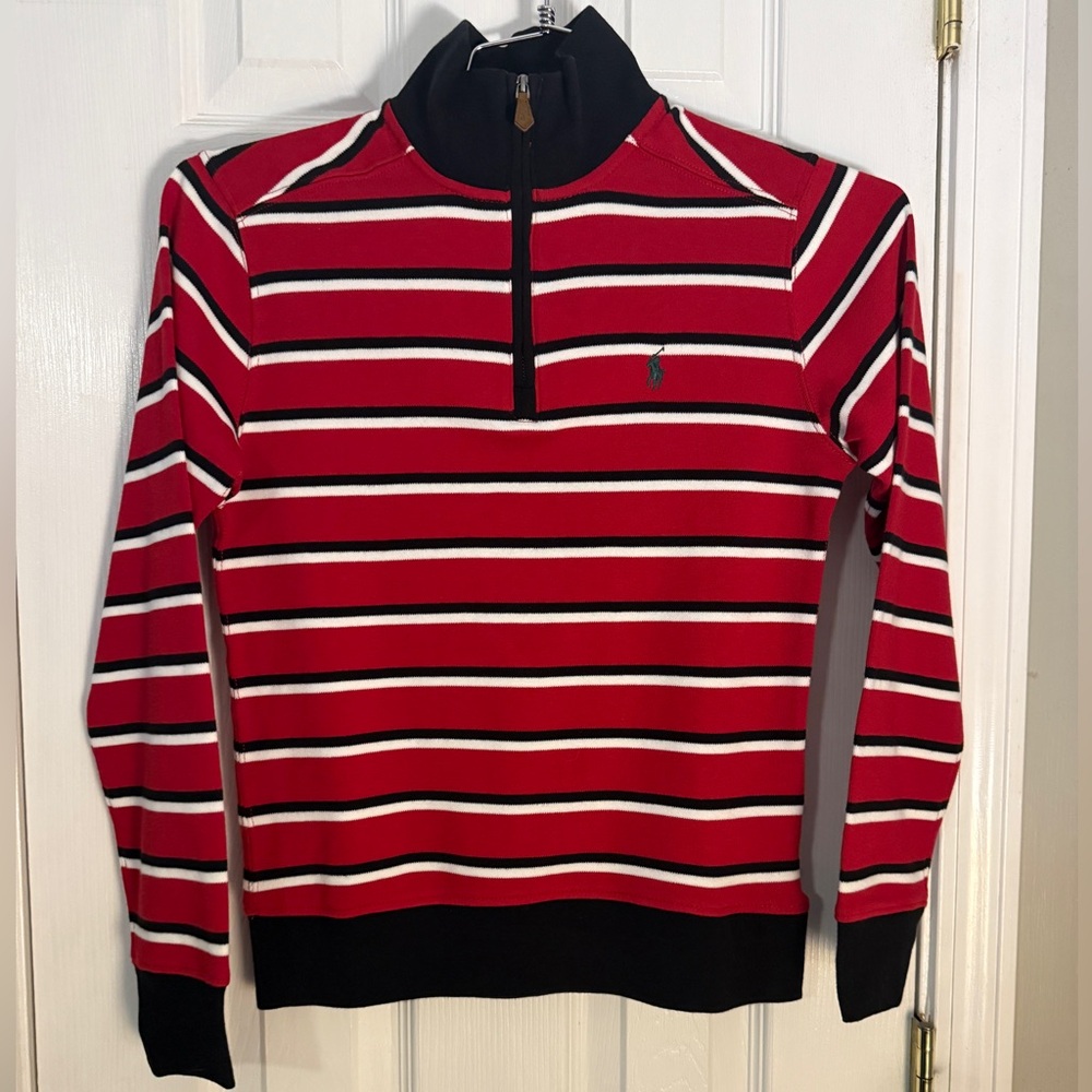 Boys Medium (10-12) NWT Polo Ralph Lauren Red and Black Striped Quarter Zip